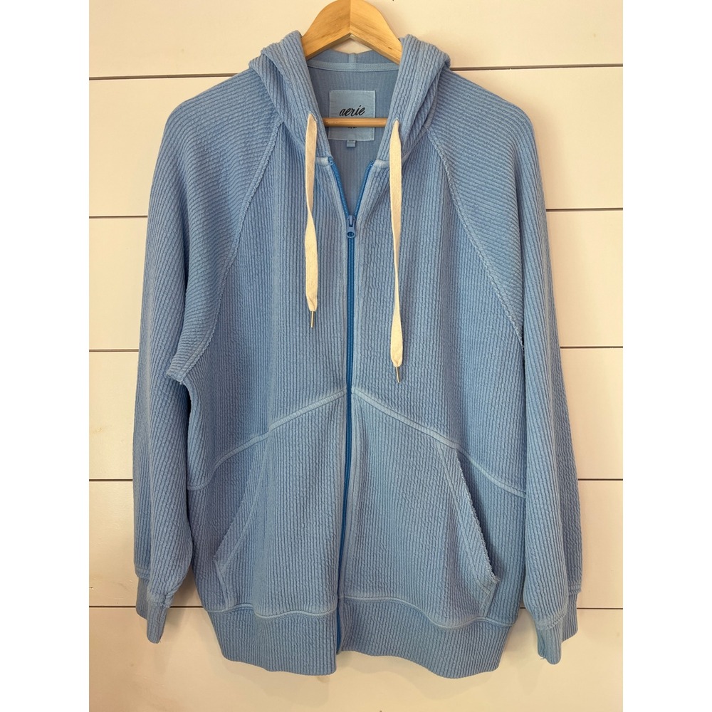 Aerie Womens Light Blue Textured Waffle Knit Full Zip Hoodie Sweatshirt Size S